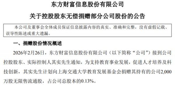 东方财富其实，豪捐4.5亿元A股股份