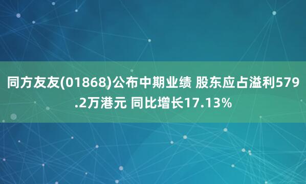 同方友友(01868)公布中期业绩 股东应占溢利579.2万港元 同比增长17.13%